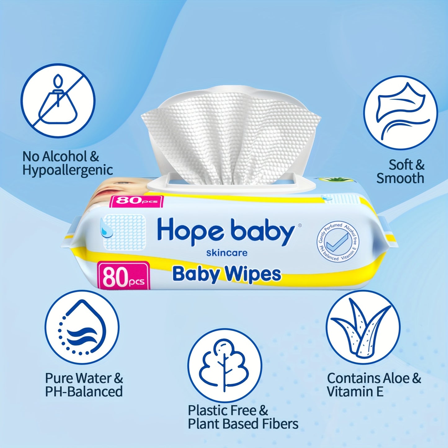 HOPE BABY 480 Ct Toddler Diaper Wipes, Baby Wipes Sensitive Pure Wet Wipes Protection With Flip Top Dispenser, Hypoallergenic, Pack Of 6