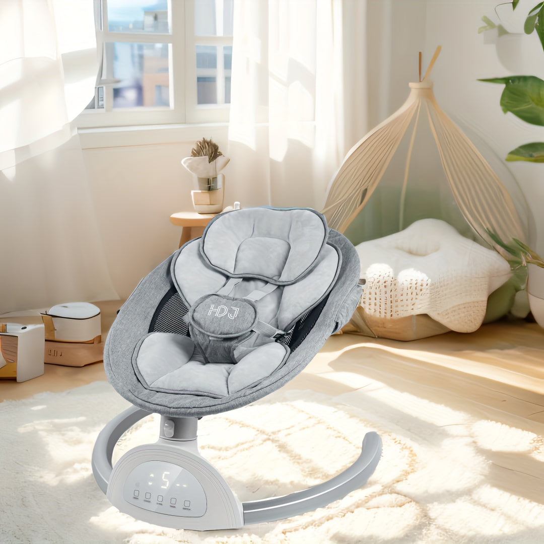 1pc Grey Aluminum Alloy Baby Swing Chair with Speaker, 5-Point Harness, 5 Speeds, Remote Control - Portable Indoor/Outdoor Infant Swing, Easy Assembly