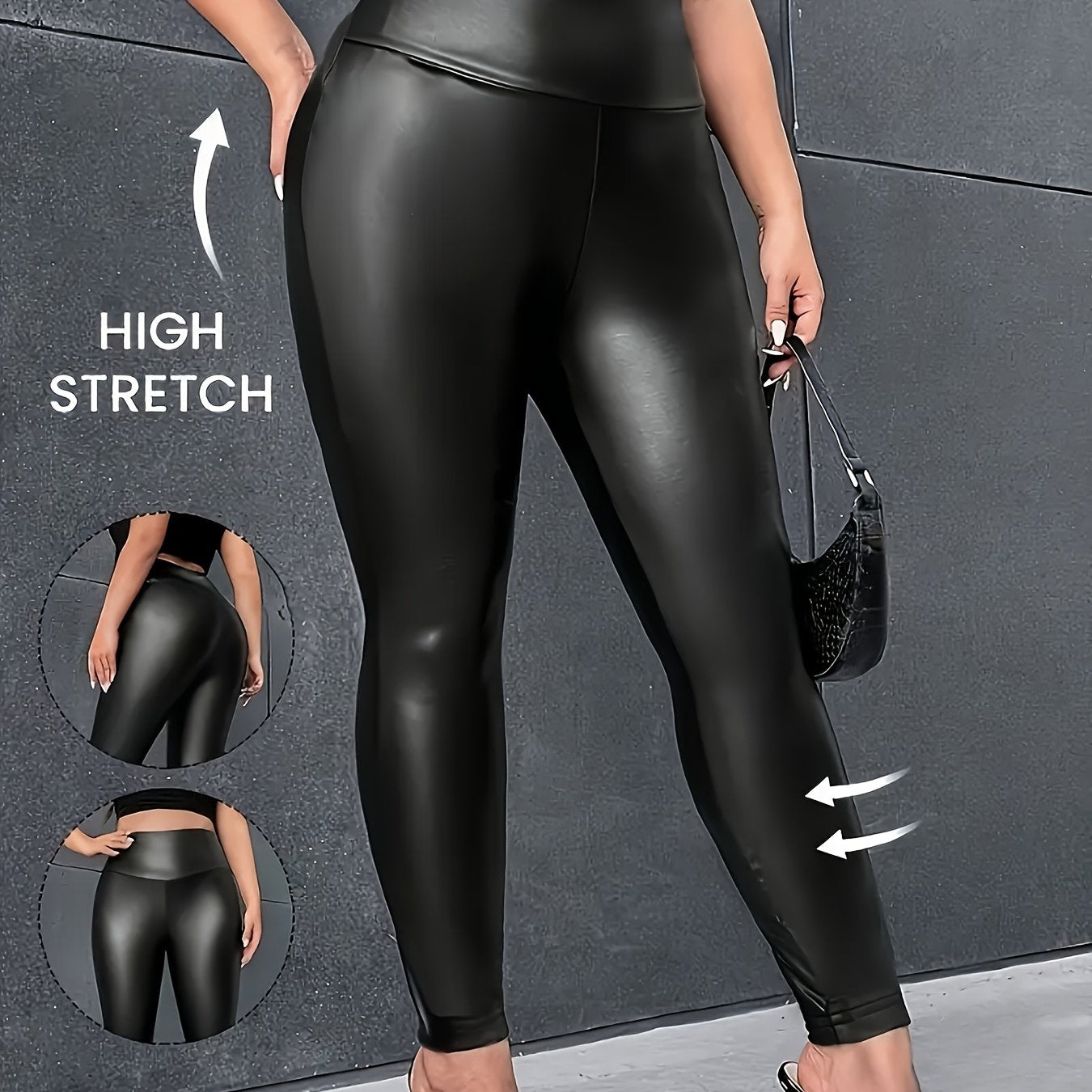 Women's High Waist Faux Leather Pants, Solid Color, Fashion.