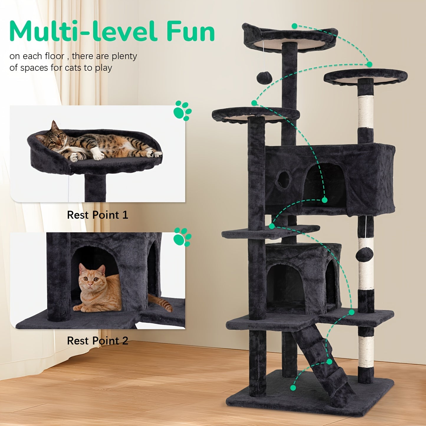 54"-70" Multi-Level Cat Tree Tower for Indoor Cats, Durable Plywood