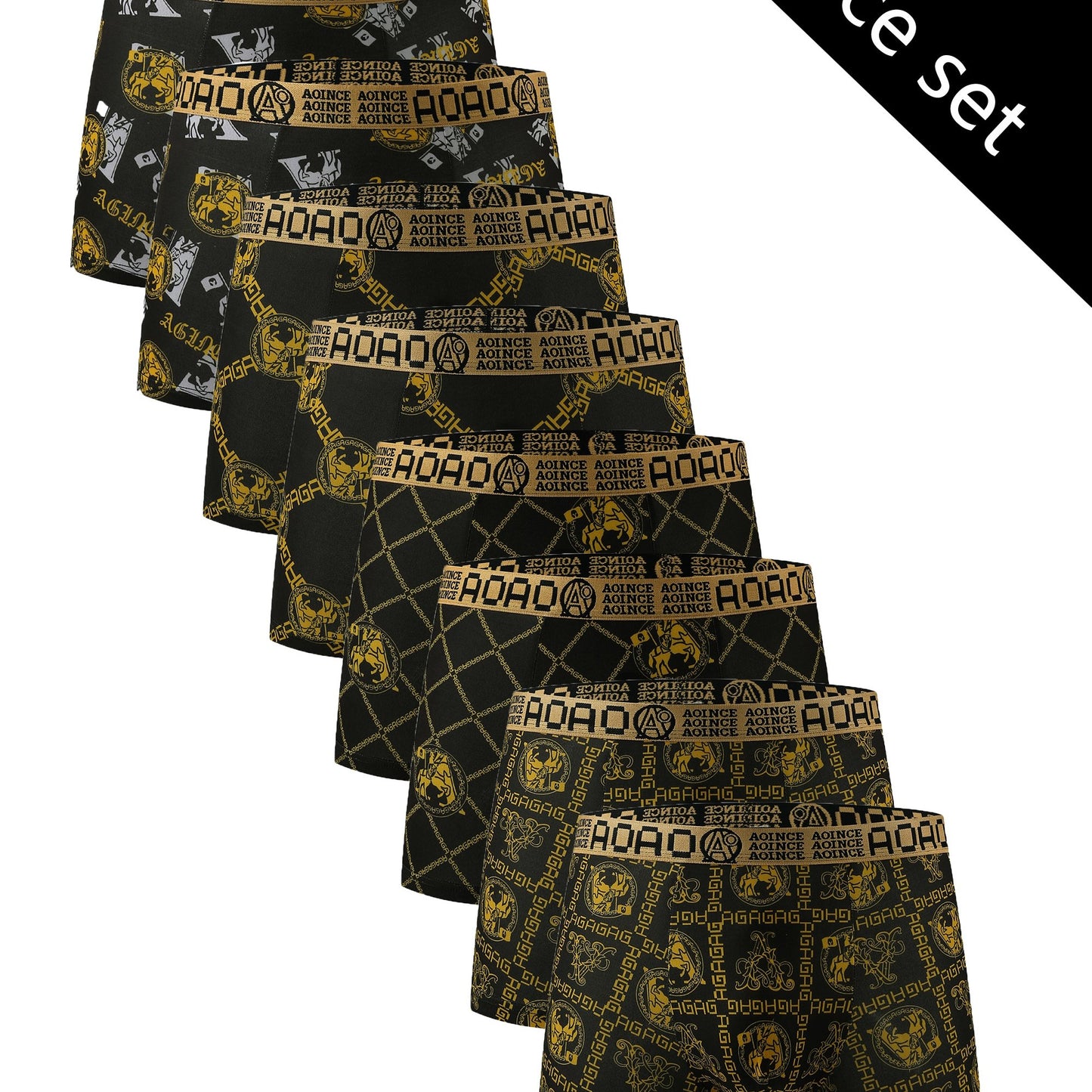 Stylish 8 Pcs Men's Luxury Black Gold Letter Chain Print Stretchy Boxer Briefs - Comfy & Quick-Drying & Breathable Underwear Set