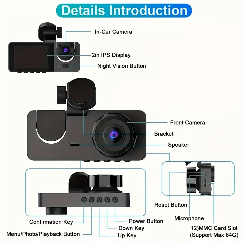 3-Channel Dash Cam, 1080P Full HD Car Camera Front Rear And Inside With Free 32GB SD Card, Dashcams For Cars With Night Vision, 24 Hours Parking Mode, WDR, G-Sensor, Motion Detection - Gift