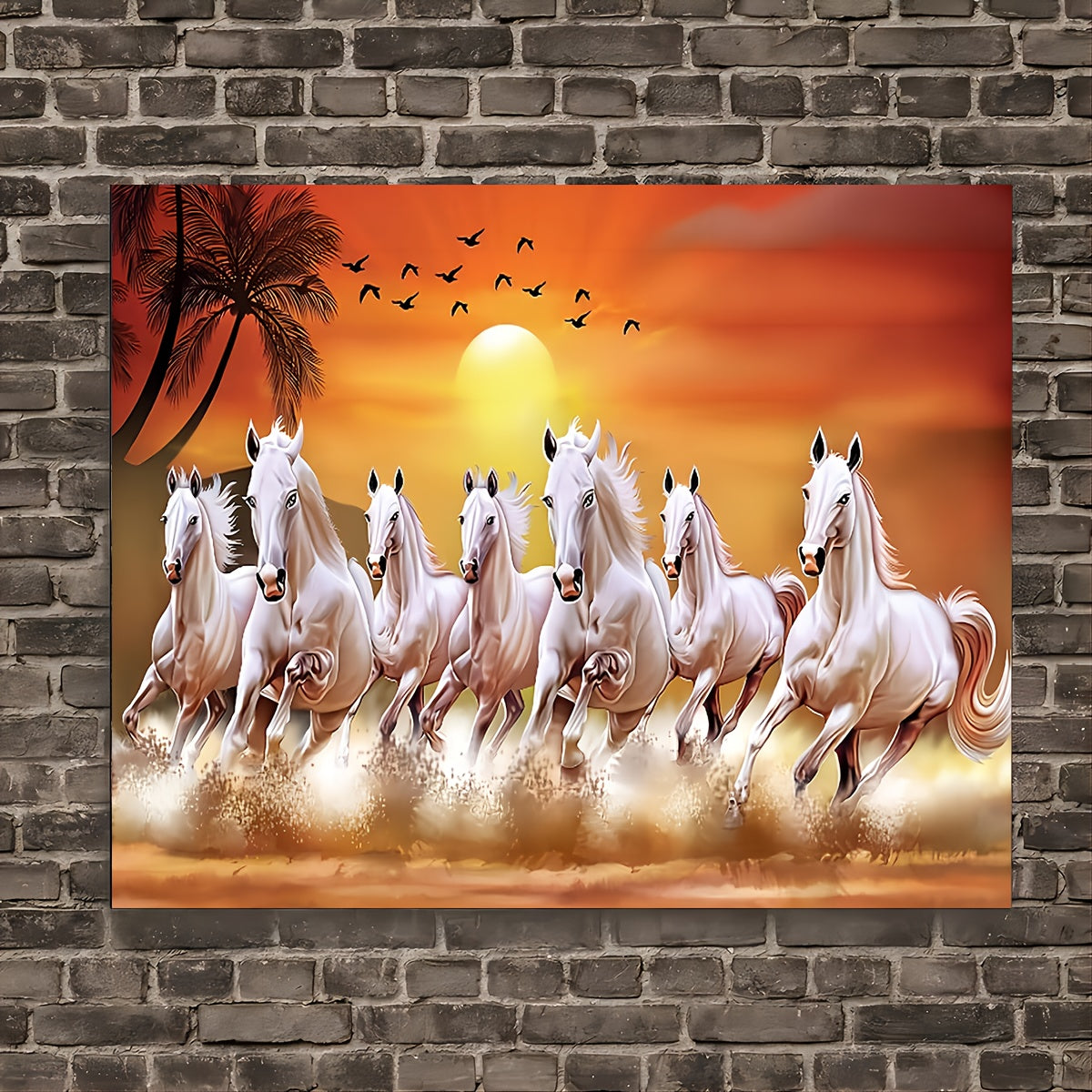 Seven Lucky Horses Canvas Wall Art,  Wood-Framed Wild Horses Print for Living Room, Bedroom, Office, Home Ornament, Gifting