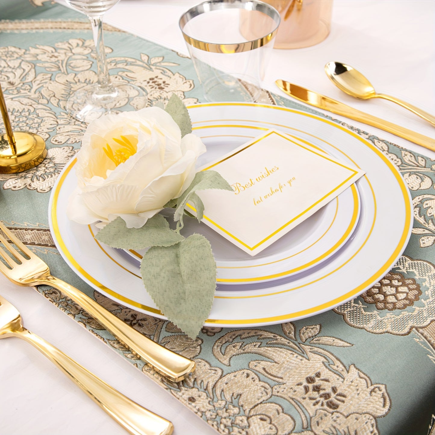 350pcs Golden Plastic Plates with Disposable Silverware and Cups Include:50 Dinner Plates 50 Dessert Plates 50 Golden Rim Cups 9 OZ 50 Golden Cutlery