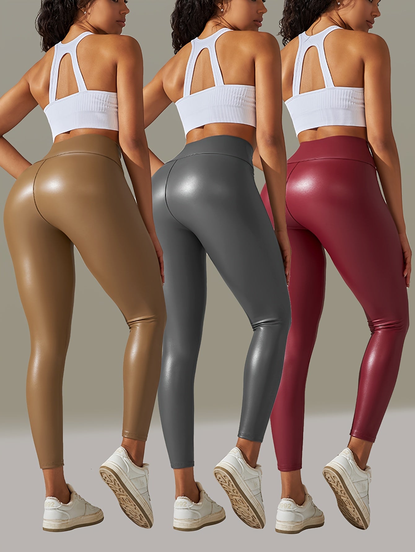 3pcs Of Big Size Faux Leather Pants Women'S Leggings High Waist Tight Sexy Color Yoga Pants Women