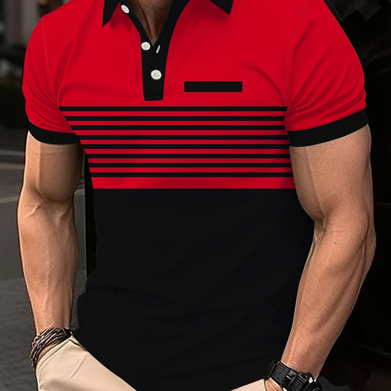 Stylish Men's Striped Golf Shirts - Color-Blocked, Short Sleeve, Lapel Design, Slight Stretch, Regular Fit, - Perfect for Warm Weather Outings