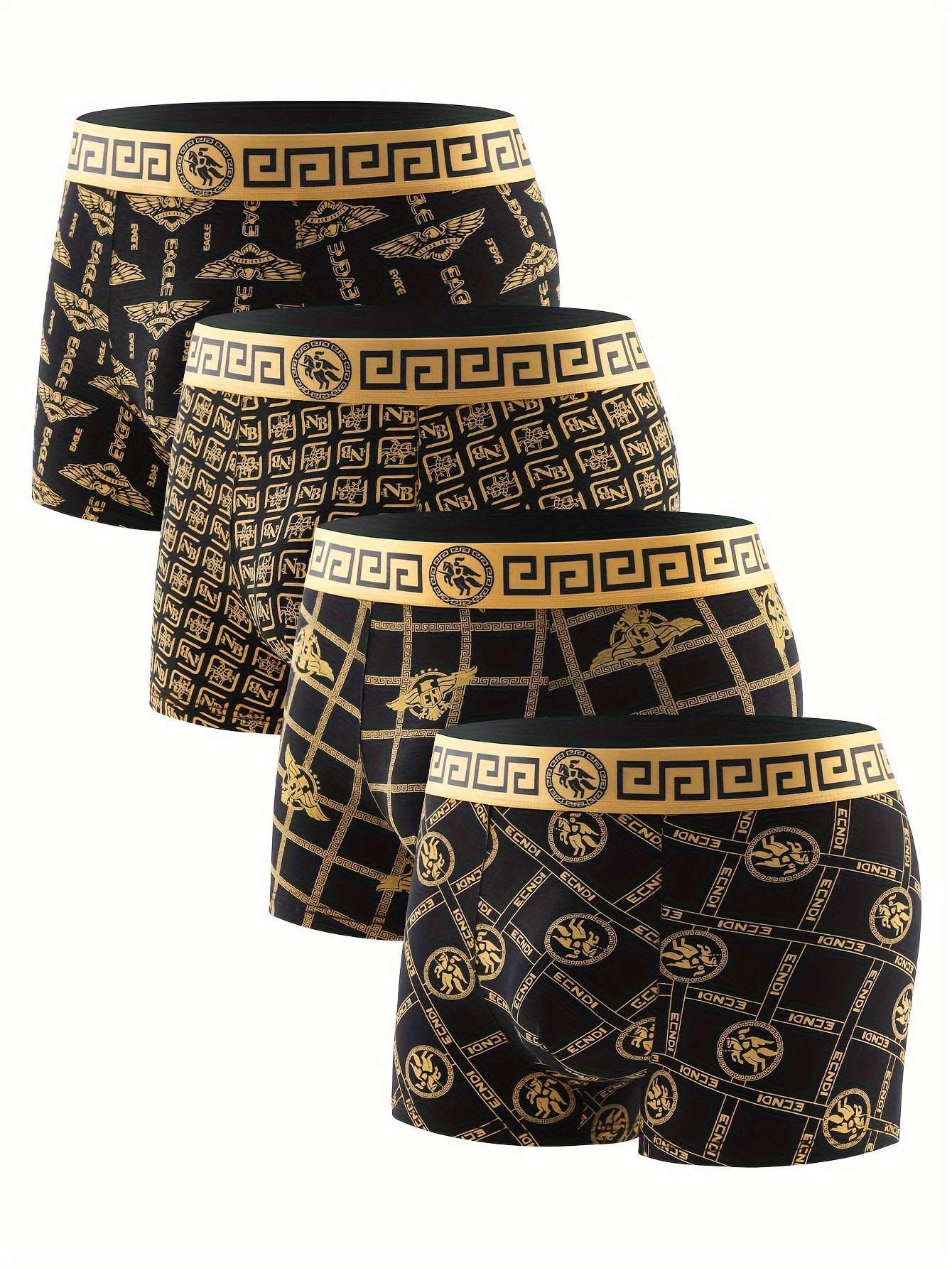 4-Pack Men'S Boxer Briefs, Soft Comfortable, Black and Golden Print, Polyester 92% Spandex 8%, High Stretch Knit Fabric, 125gsm, Daily & Casual Wear