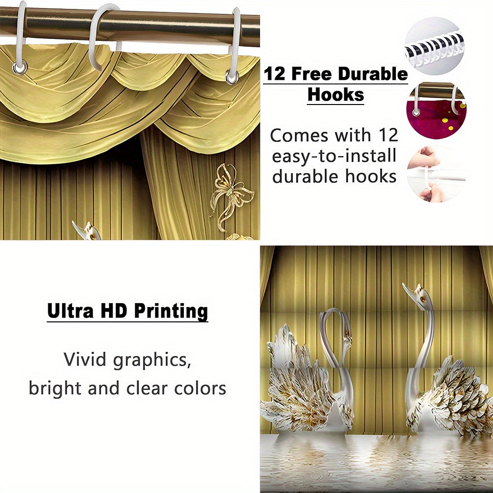 4pcs platinum swan shower curtain decoration, beautiful housewarming gift,  waterproof shower curtain and toilet floor mat three piece set with 12 shower curtain hooks