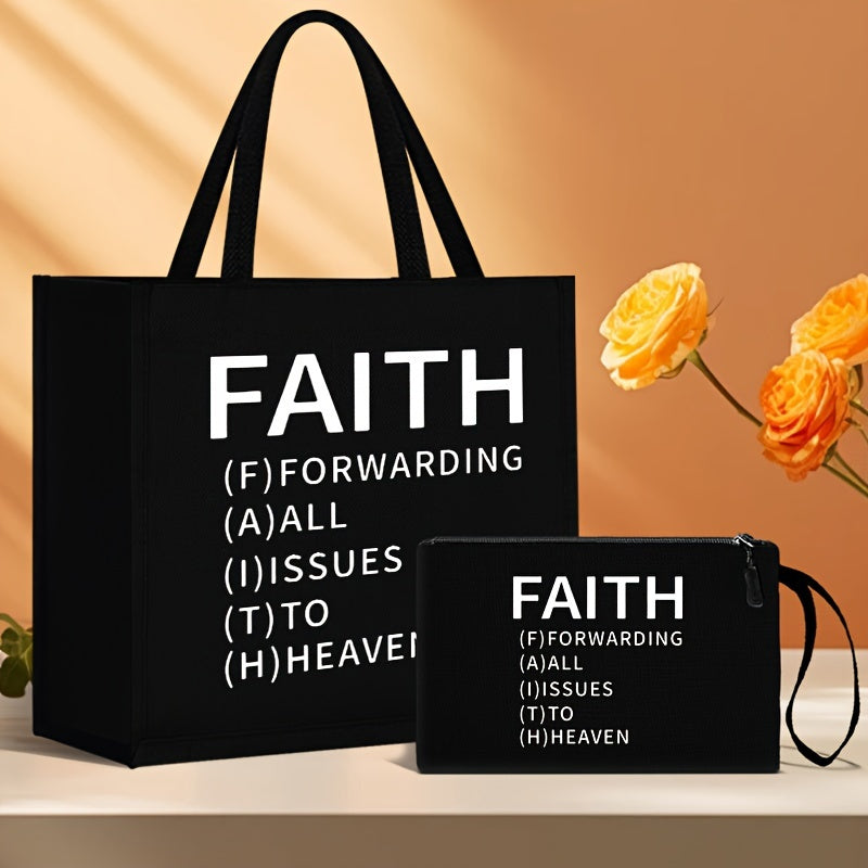 2pcs Faith-Inspired Linen Tote Bag and Pouch Set, Large Capacity Shoulder Bag with Printed Lettering,