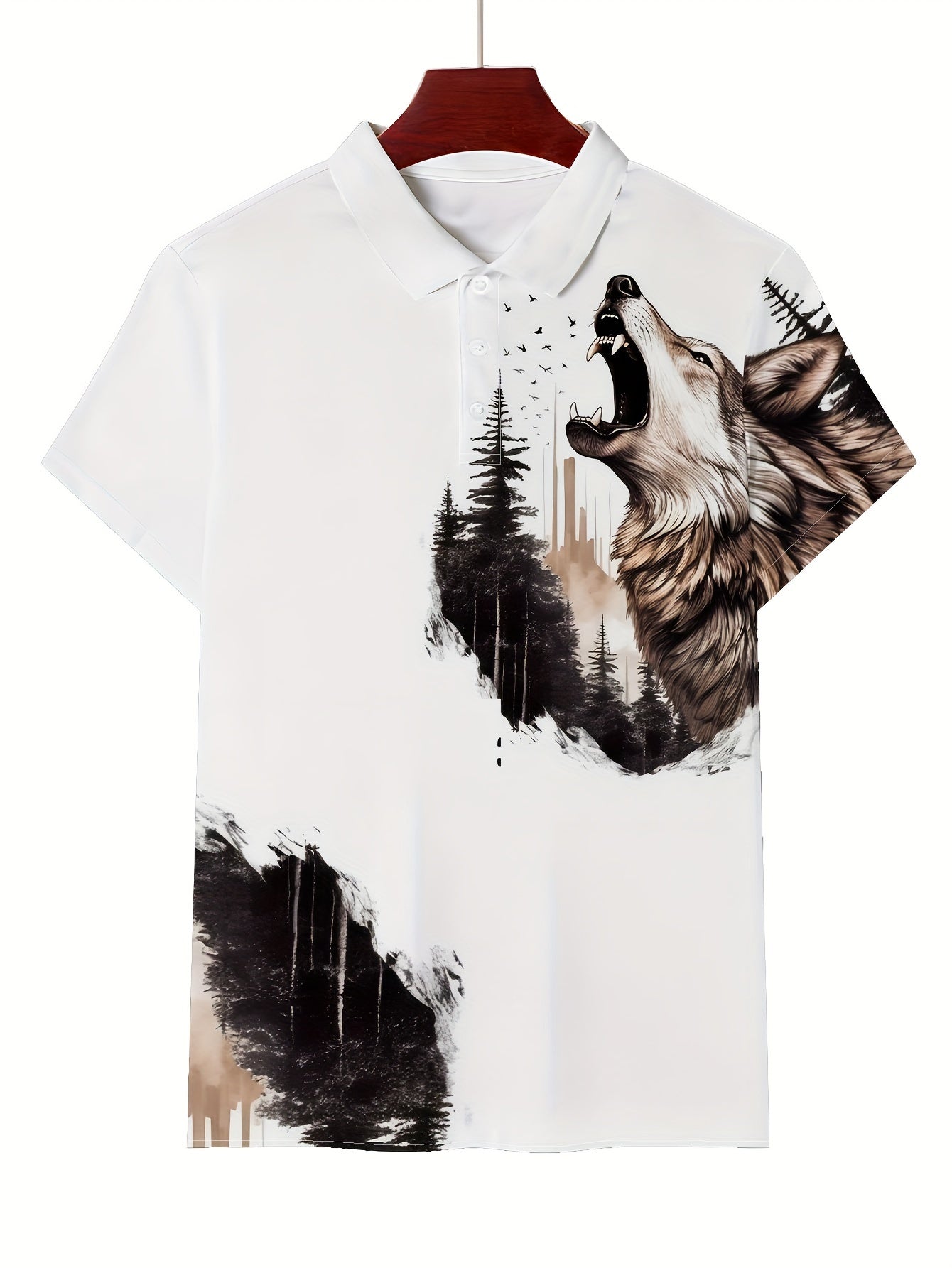 Men's Polyester Polo Shirt with Wolf and Forest Print - Casual Lapel Collar Sports Tee with Slight Stretch, Regular Fit Polo T-Shirt