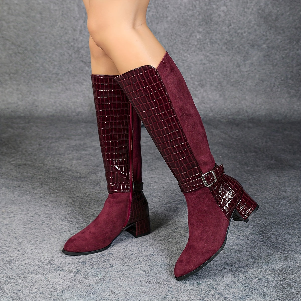 Wine Red Mid Heeled Boots - Knee High Boots with Side Zippers - Winter Plush Knight Boots