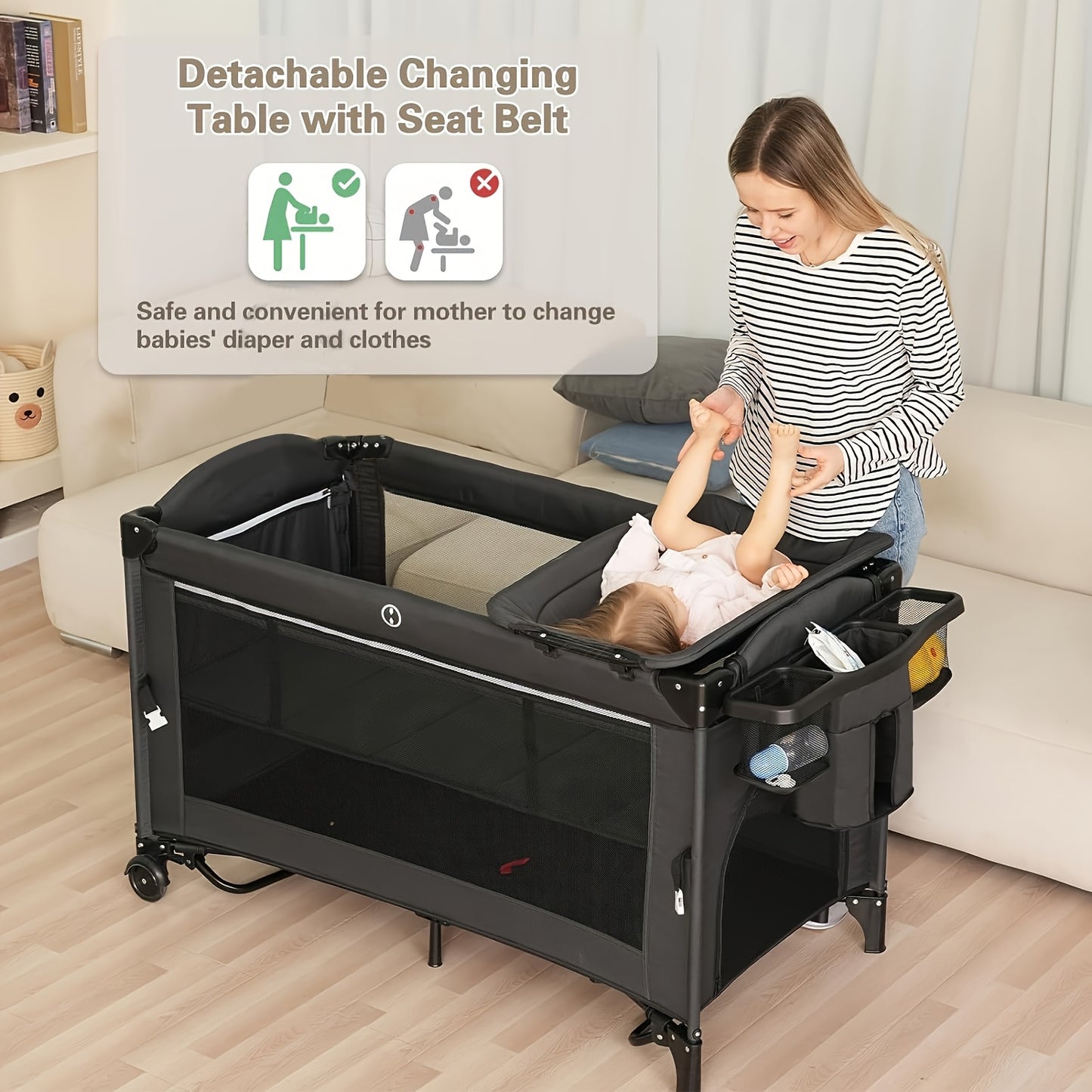 5 in 1 Baby Bassinet Beside Sleeper, Pack and Play Bassinet, Multifunction Portable Playard with Bassinet Crib,