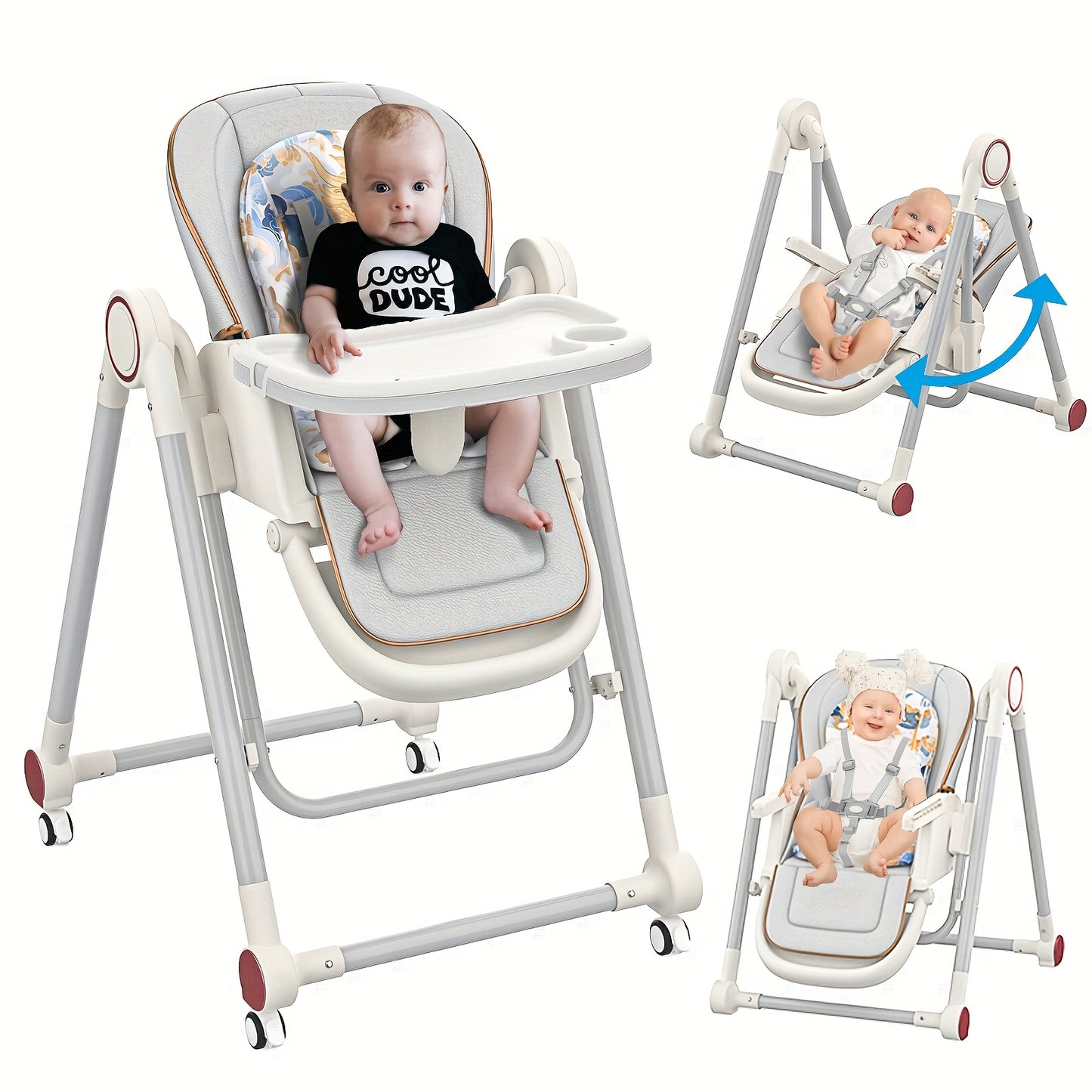 Youngsters High Chair with Wheels - 8 Height Levels, 6-Position Backrest, Foldable Design, 5-Point Harness, Dual Removable Trays - Gray Aluminum Alloy, Youngsters Chair