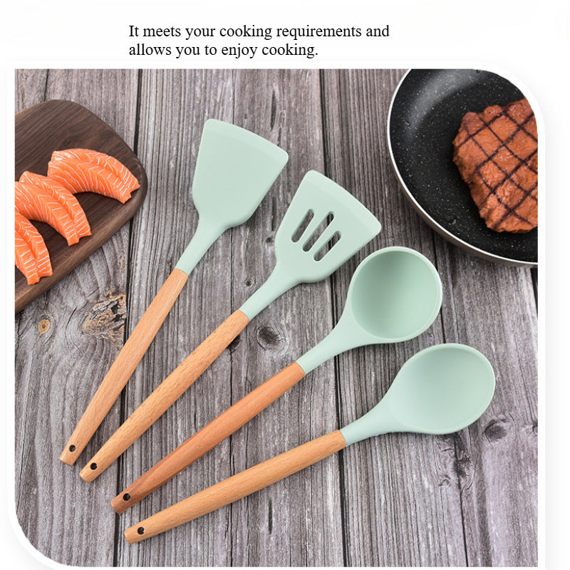 Non-Stick Cookware Storage Bucket, 12pcs Silicone Kitchen Utensil Set with Wooden Handles, Silicone Kitchen Tools Including Spatula, Oil Brush, Whisk, Tongs, And Ladle.