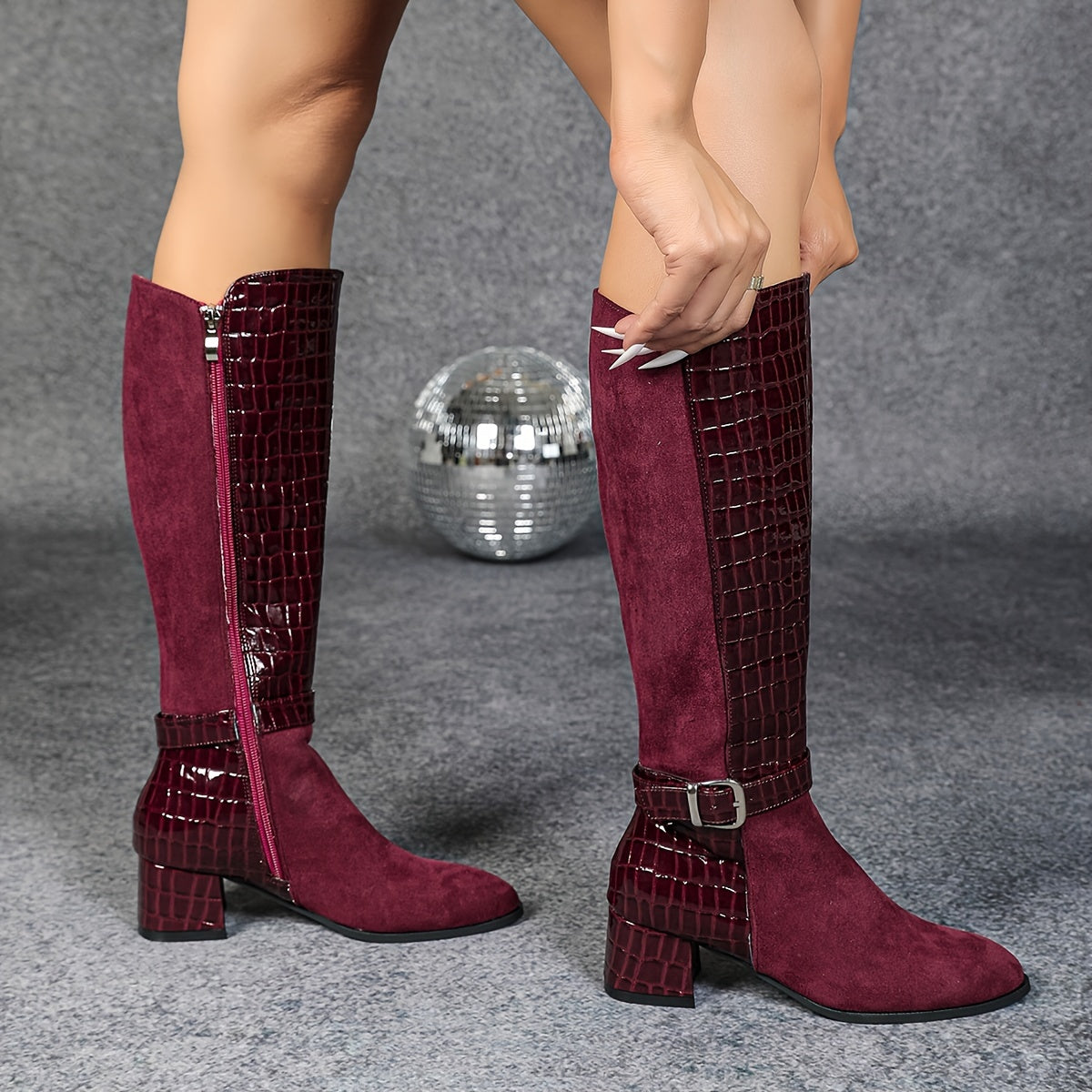 Wine Red Mid Heeled Boots - Knee High Boots with Side Zippers - Winter Plush Knight Boots