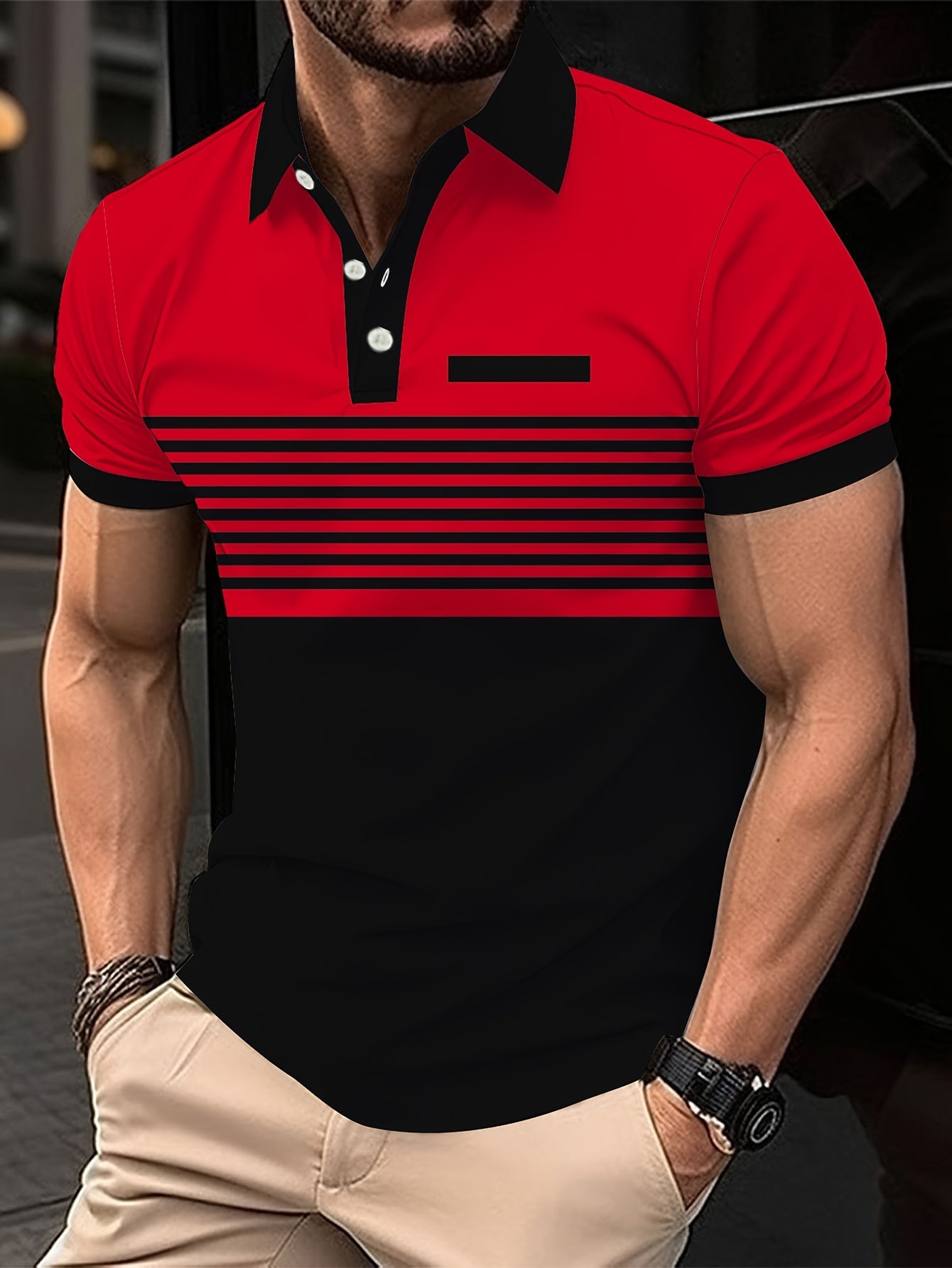 Stylish Men's Striped Golf Shirts - Color-Blocked, Short Sleeve, Lapel Design, Slight Stretch, Regular Fit, - Perfect for Warm Weather Outings