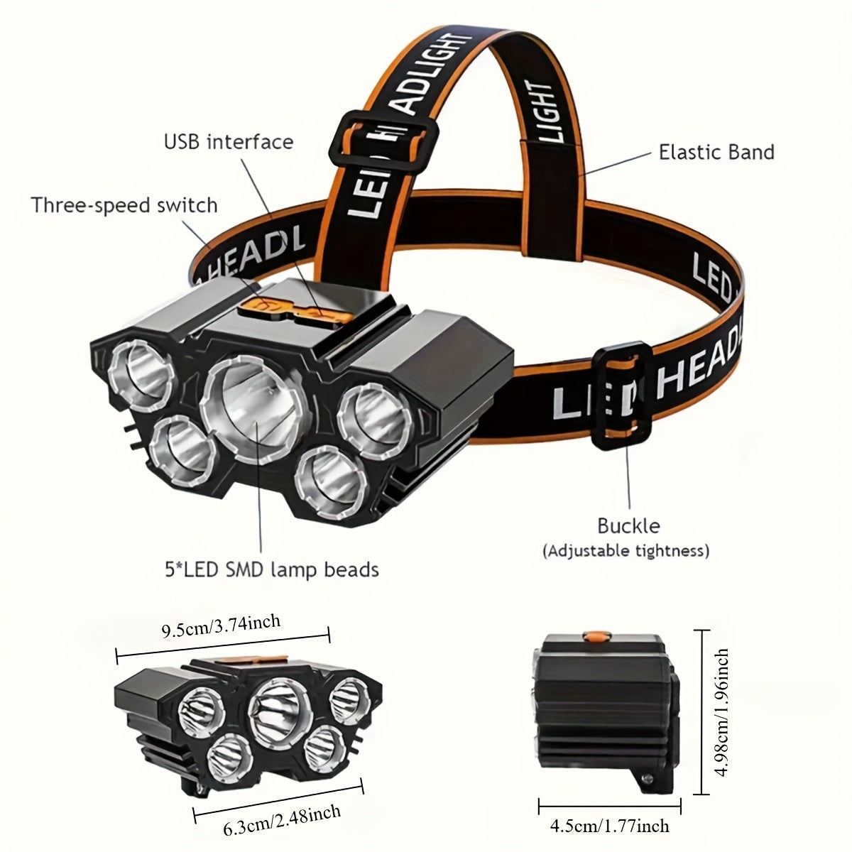 2pcs Multifunctional 5LED Headlight Head Mounted Flashlight Outdoor USB Charging Fishing Headlight Waterproof