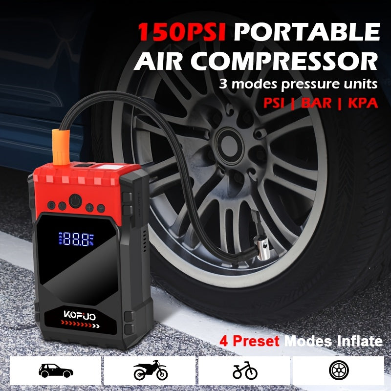 6000A 4-in-1 Car Jump Starter with 150PSI Tire Inflator, LED Lighting, LCD Display, and Anti-Reverse Smart Clip