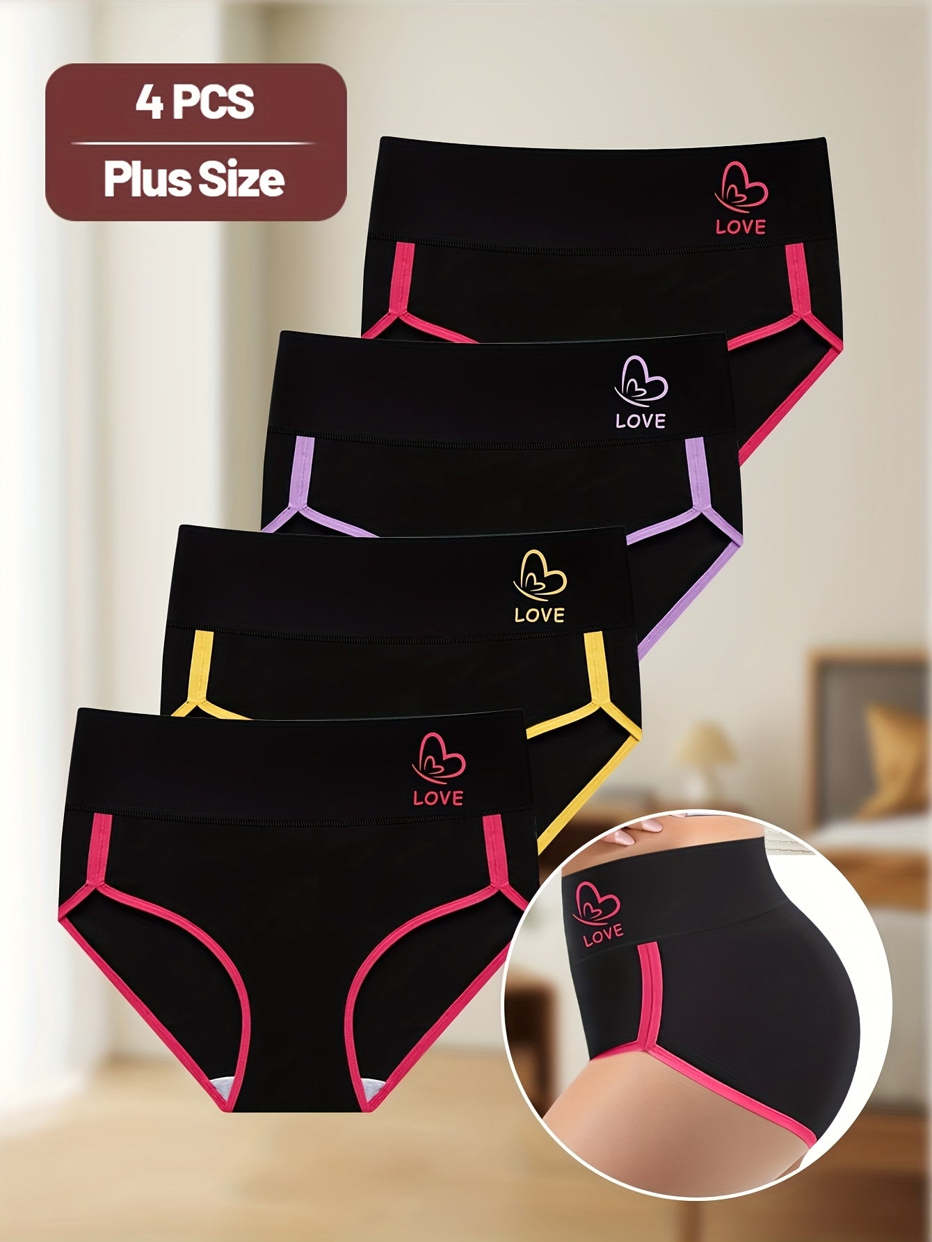 4pcs Women'S Mid-Rise Briefs, Elegant Polyester and Elastane Knit Fabric Underwear, Color Block Design with Tummy Control