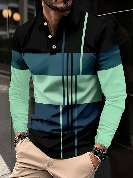 European and American Men's Long-sleeved Casual Printed POLO Shirt with Turnover Collar