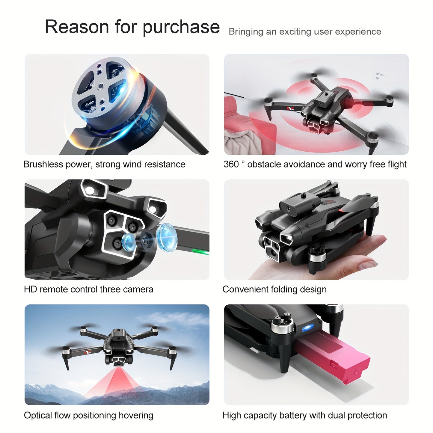 4K HD Three Camera Brushless Drone - Intelligent Obstacle Avoidance,, Auto Return, One-Touch Take-Off/Landing, 360° Beauty Mode, 3 Rechargeable Batteries, Carrying Case, Wi-Fi Connectivity, And Battery Powered