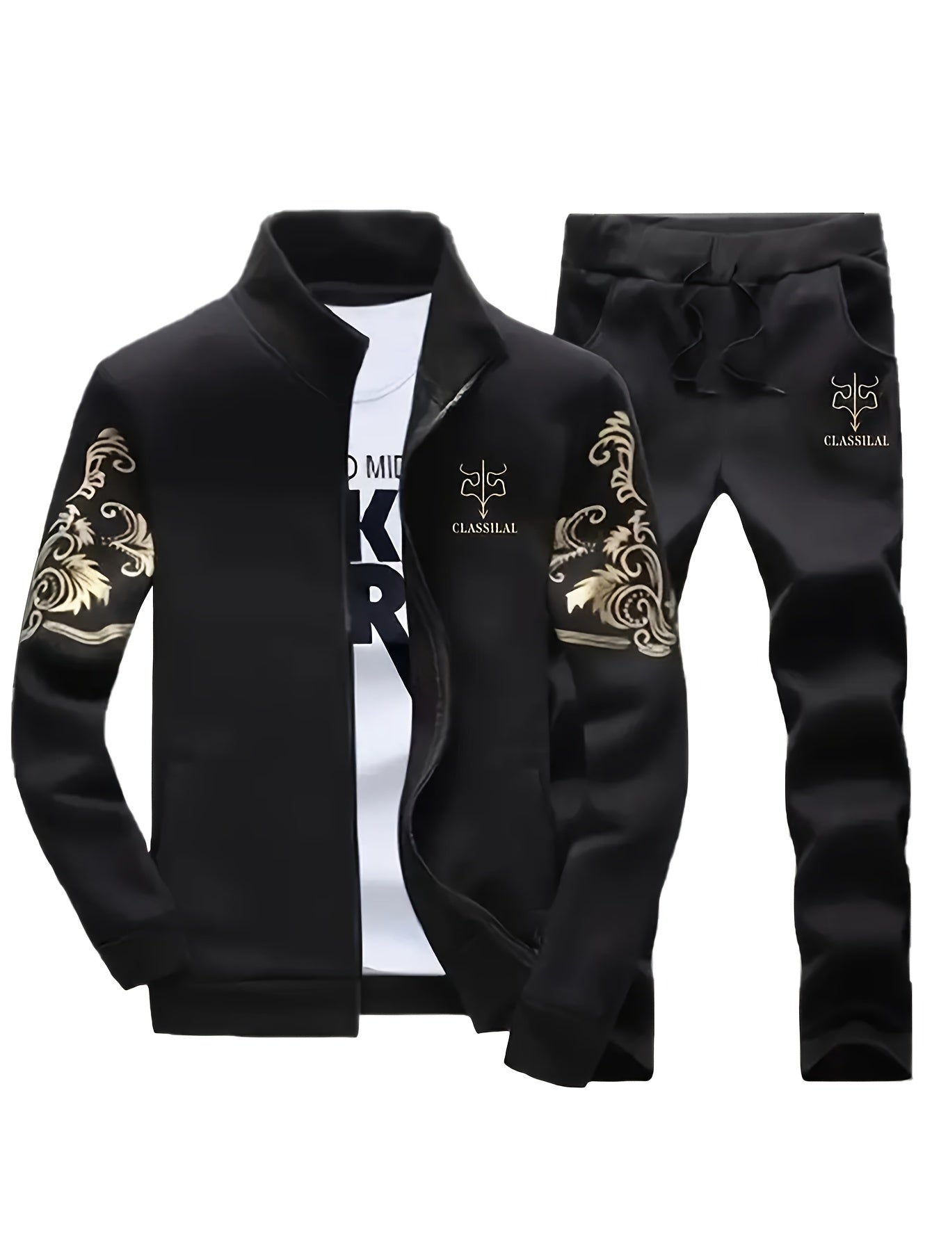 Men's Casual Sportswear Set - Knit Polyester, Machine Washable, Stand Collar Zip-Up Jacket & Drawstring Pants with Pockets