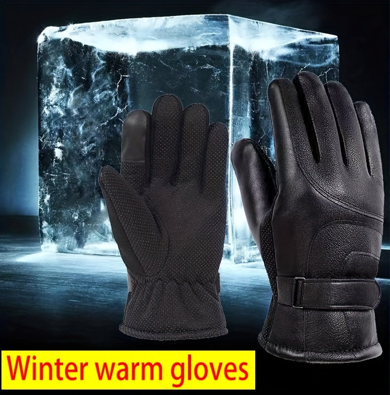 1 Pair Elegant Men'S Winter Gloves, PU Leather, 100% Polyester Fiber, black