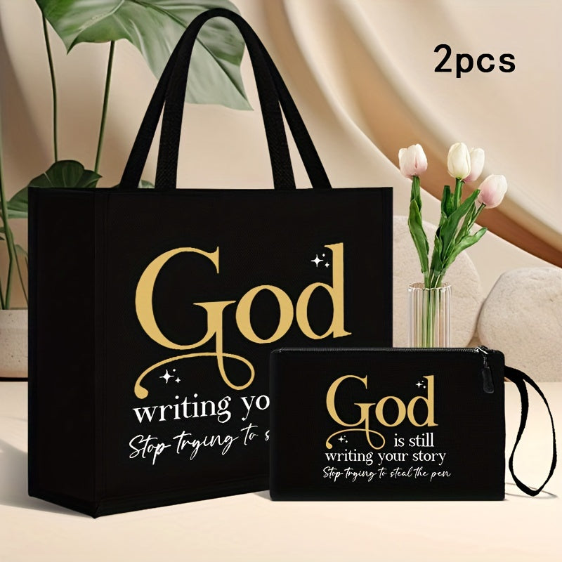 Chic 2pcs Set: Large Capacity Linen Tote & Matching Makeup Bag - Fashionable GOD Theme Print, Versatile for Work or School