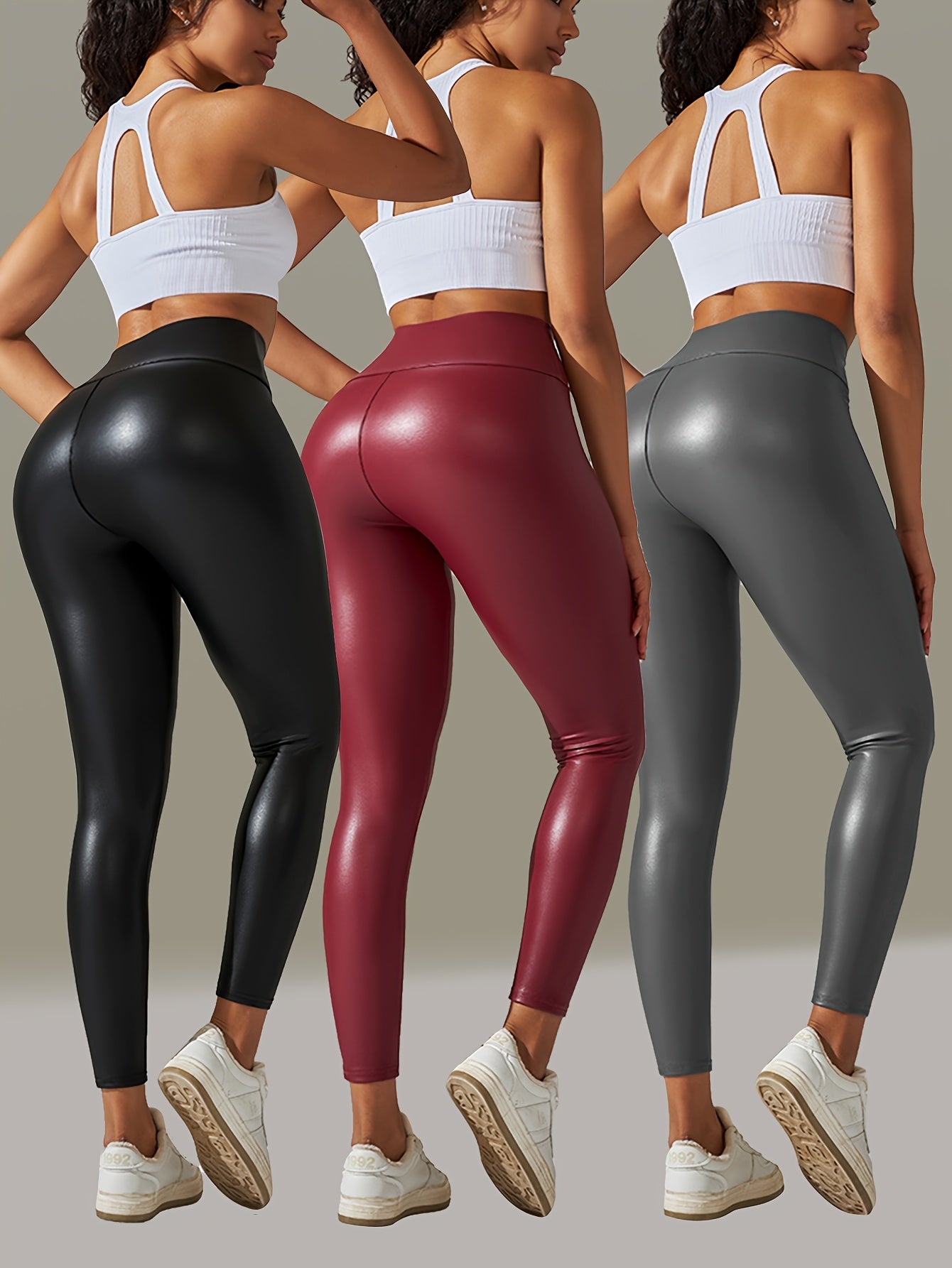 3pcs Of Big Size Faux Leather Pants Women'S Leggings High Waist Tight Sexy Color Yoga Pants Women