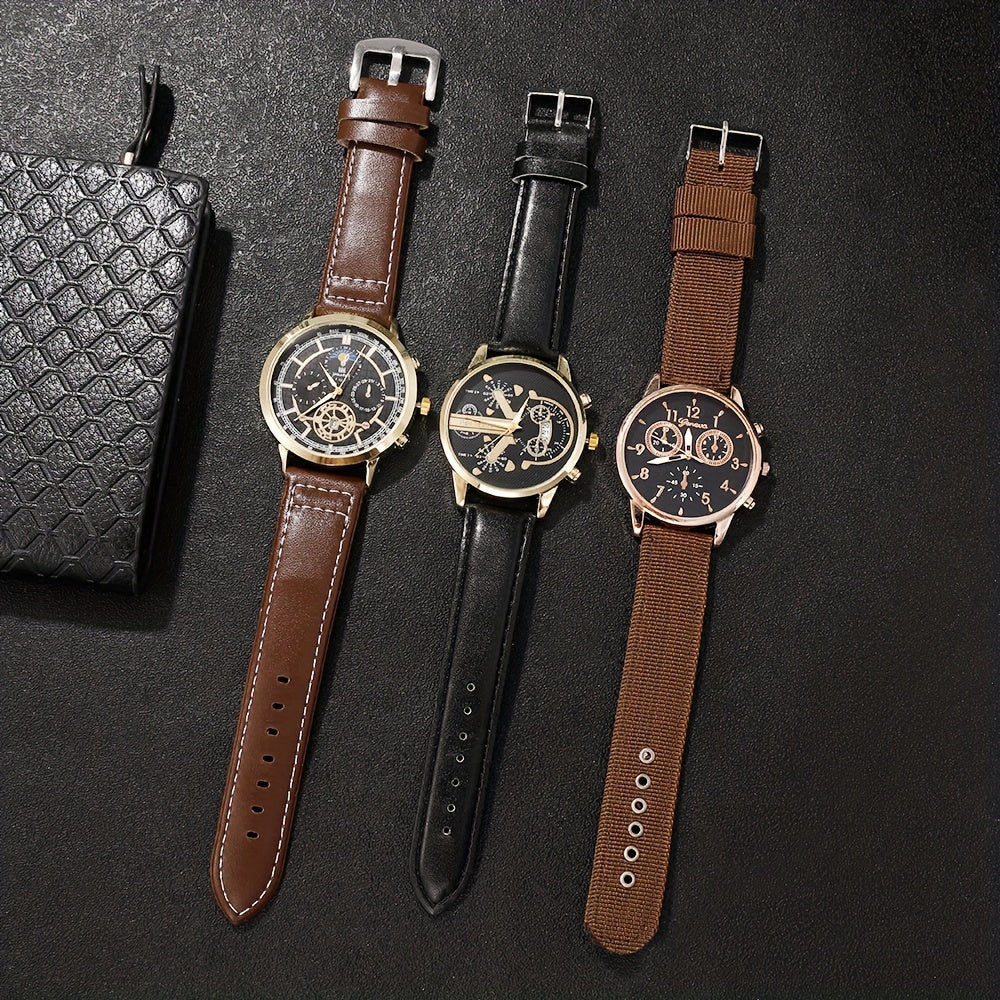 3pcs Vintage-Inspired Men'S Quartz Watch Set, Round Dial, Zinc Alloy Case, Faux Leather & Nylon Straps, Business Style, Electronic Drive, Battery Powered