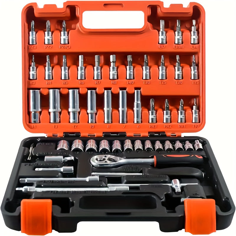 53pcs Multifunctional Auto Repair Tool Set - , With Storage Box, Including Ratchet Wrench, Screwdriver, Socket,