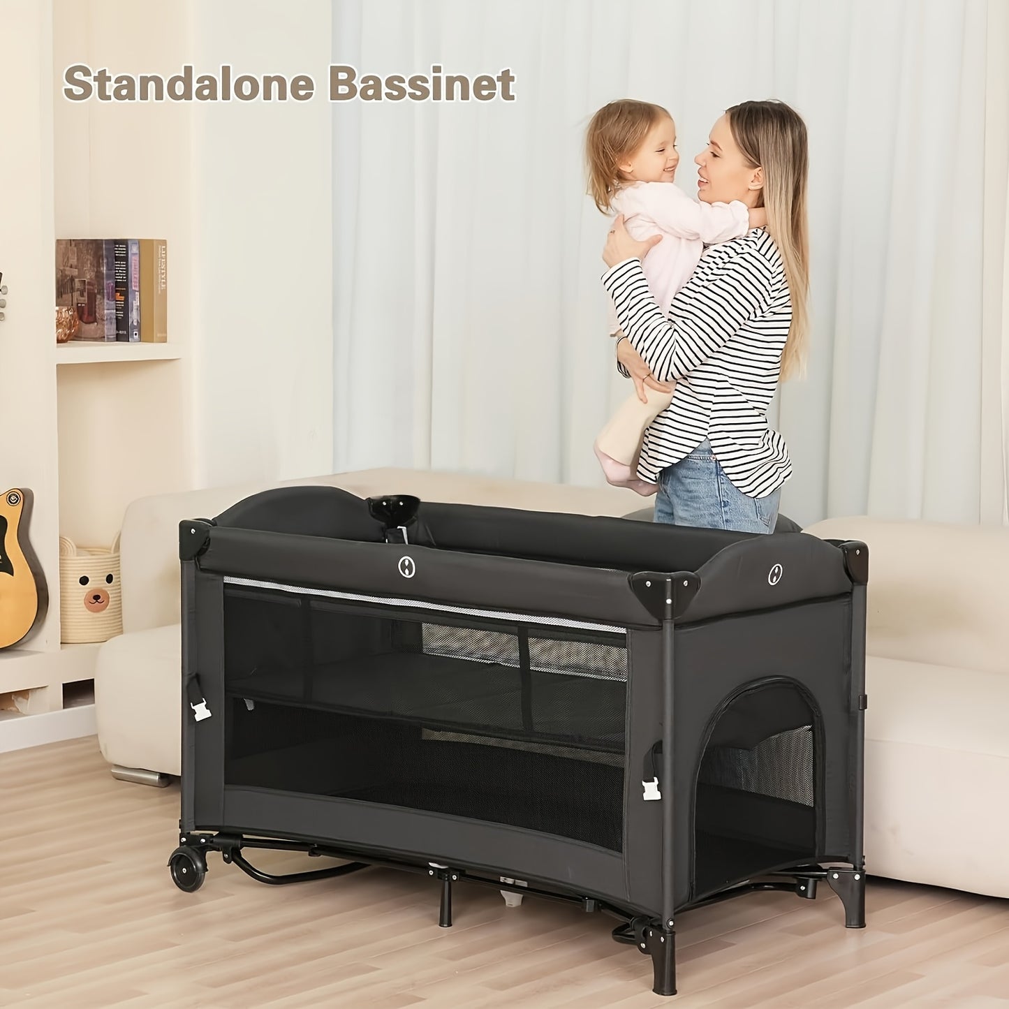 5 in 1 Baby Bassinet Beside Sleeper, Pack and Play Bassinet, Multifunction Portable Playard with Bassinet Crib,