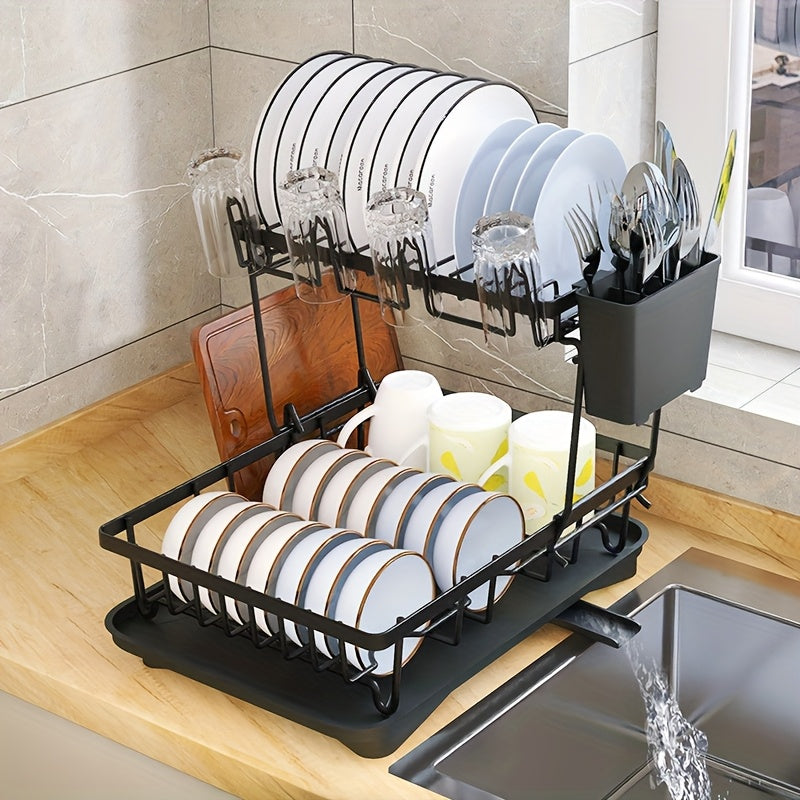 2-Tier Metal Dish Drying Rack with Self-Draining, Multifunctional Kitchen Counter Strainer