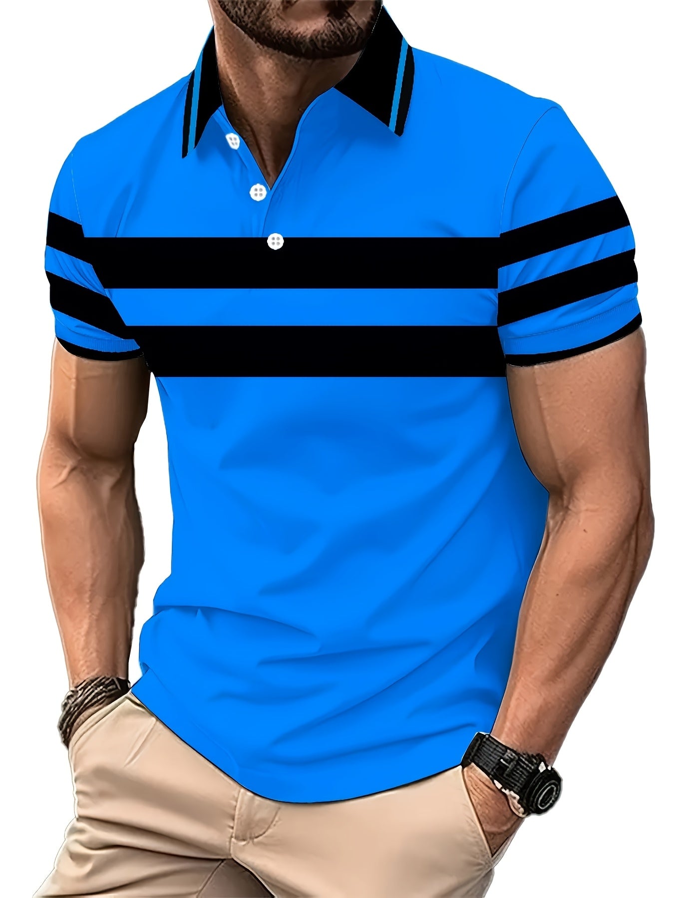 1pc Men'S Summer Casual Polo Shirt - Striped Short Sleeve - 100% Polyester