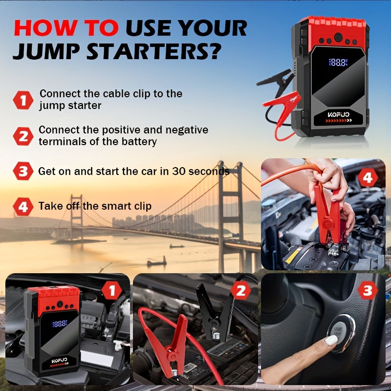 6000A 4-in-1 Car Jump Starter with 150PSI Tire Inflator, LED Lighting, LCD Display, and Anti-Reverse Smart Clip