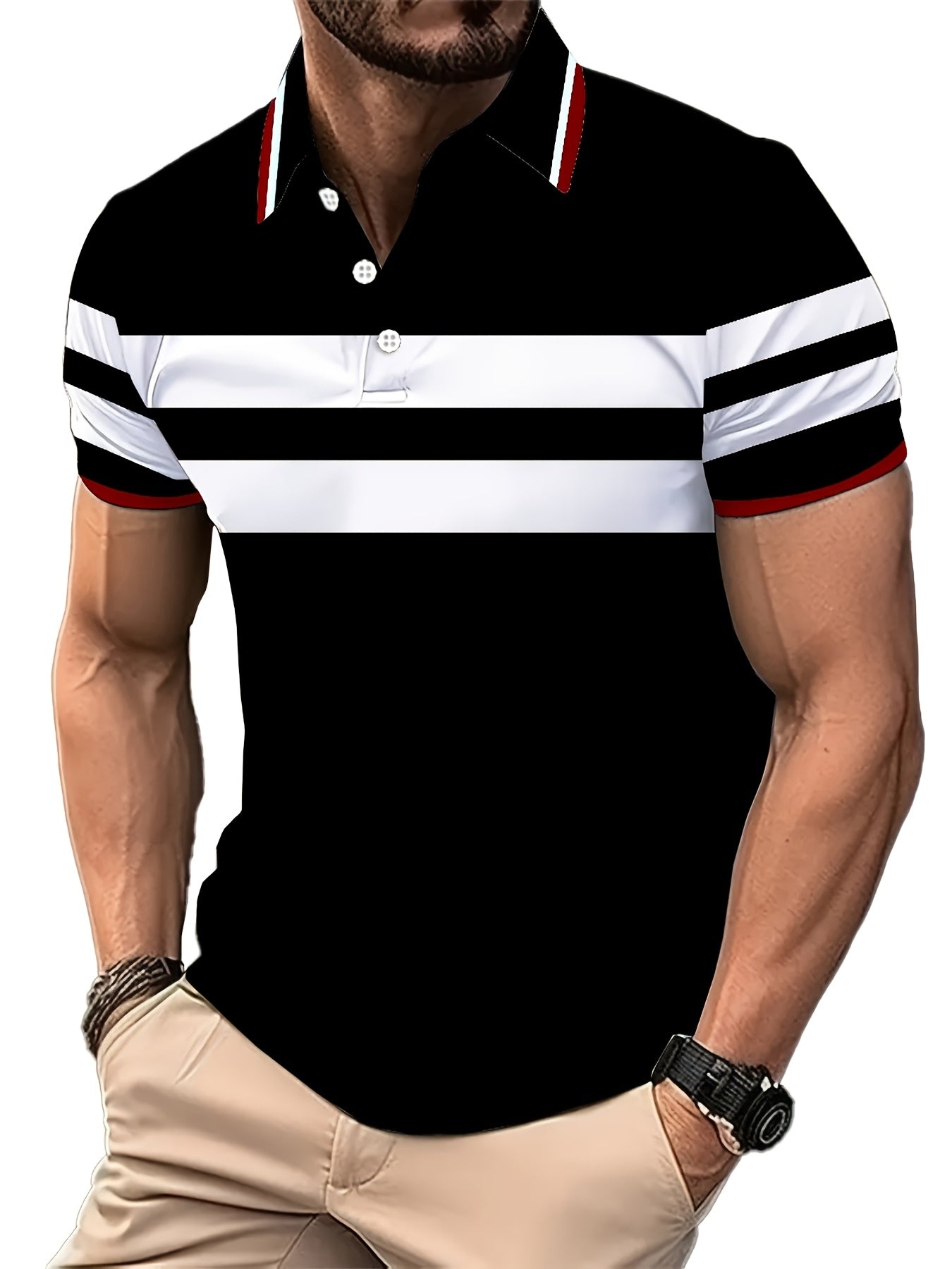 1pc Men'S Summer Casual Polo Shirt - Striped Short Sleeve - 100% Polyester