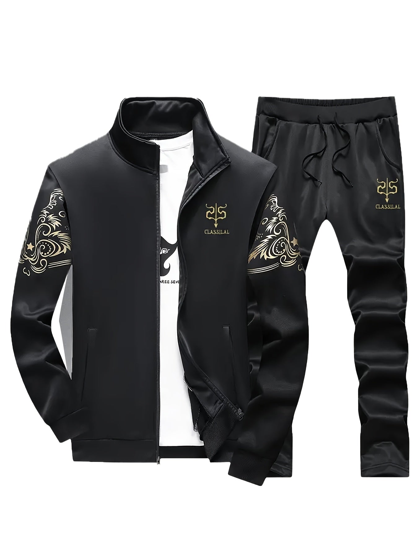 Men's Casual Sportswear Set - Knit Polyester, Machine Washable, Stand Collar Zip-Up Jacket & Drawstring Pants with Pockets