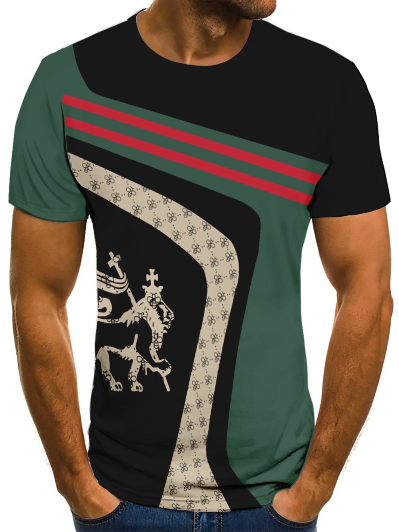 Men's Casual Short Sleeve T-Shirt with 3D Digital Print, Retro Stripe And Lion Pattern, Breathable Polyester Fabric, Round Neck, Summer Fashion