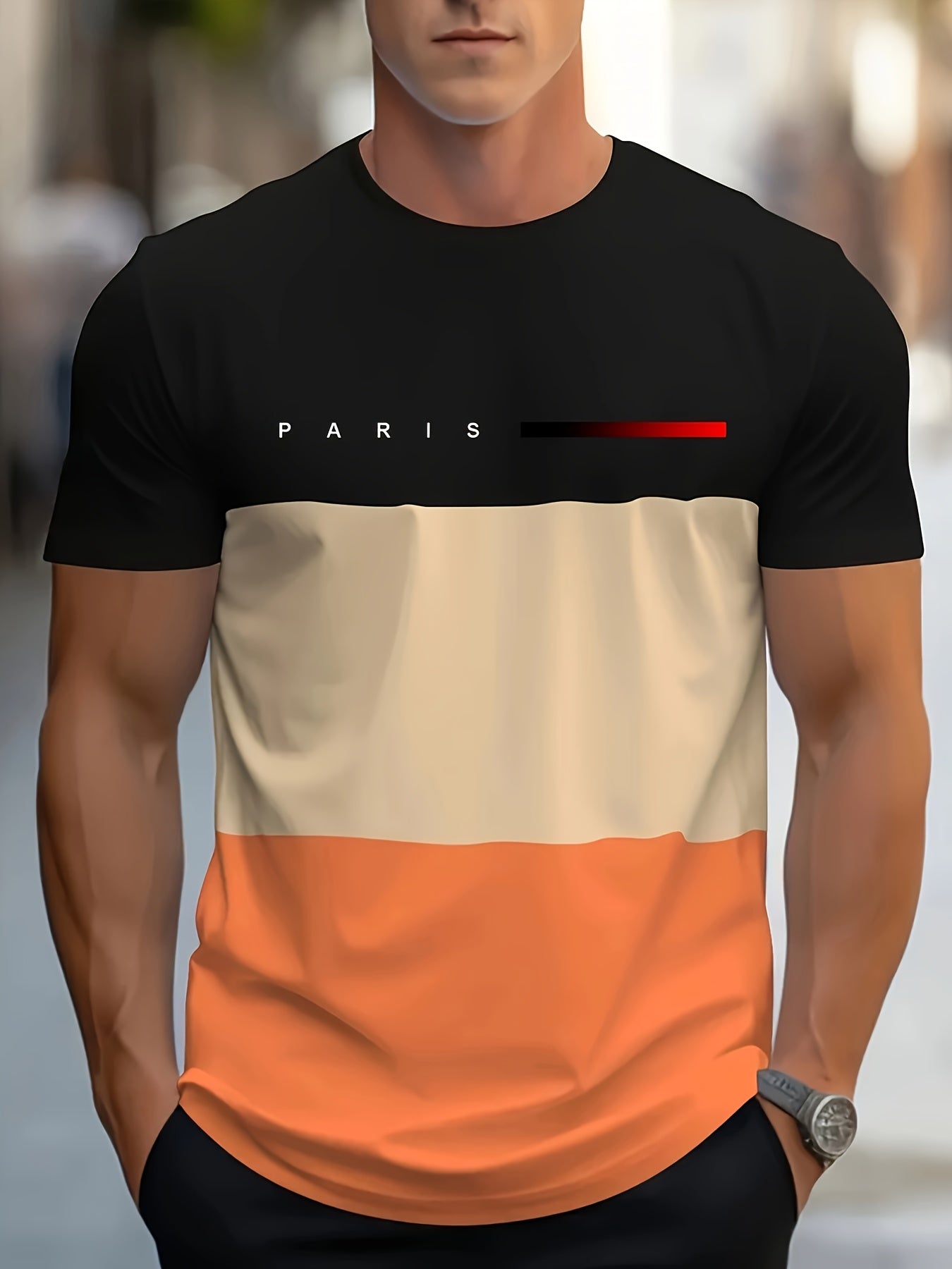 Men's Casual T-Shirt - Short Sleeve, Geometric Stripe Design,  Round Neck, Polyester and Spandex Blend, Machine Washable,