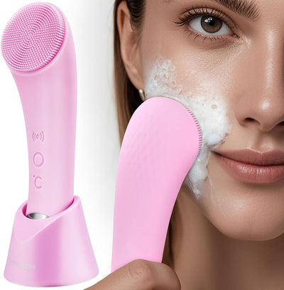 Rechargeable Silicone Facial Cleansing Brush with Heated Massage and Vibrating Exfoliation - Waterproof Deep Cleaning Face Scrubber for All Skin Types (Pink)