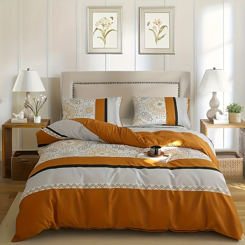 3pcs Soft & Cozy Duvet Cover Set - Orange & Gray Striped, Includes 1 Duvet Cover and 2 Pillowcases, Zip Closure, Machine Washable - Perfect for All Seasons