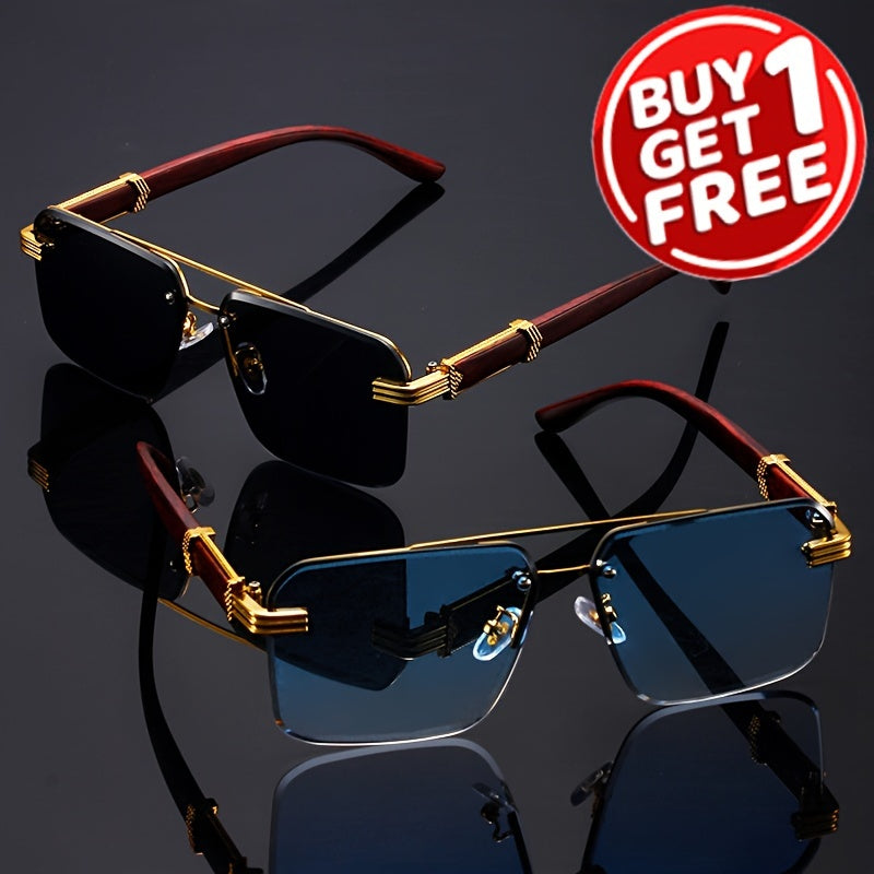 2pcs Vintage Rimless Fashion Glasses for Women, Classic Wooden Temple, Cool Concave Design