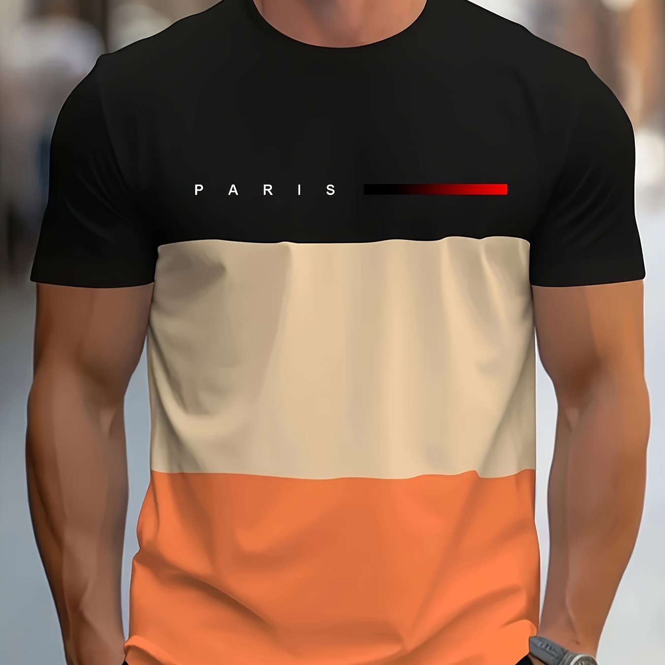 Men's Casual T-Shirt - Short Sleeve, Geometric Stripe Design,  Round Neck, Polyester and Spandex Blend, Machine Washable,