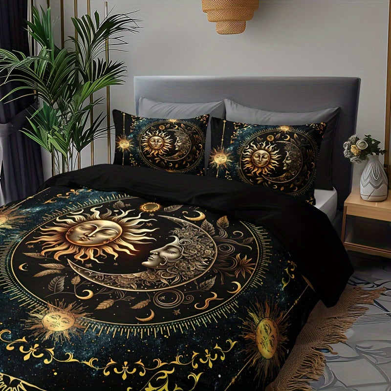 3pcs Golden Sun, Moon & Stars Bedding Set - Includes 1 Duvet Cover and 2 Pillowcases