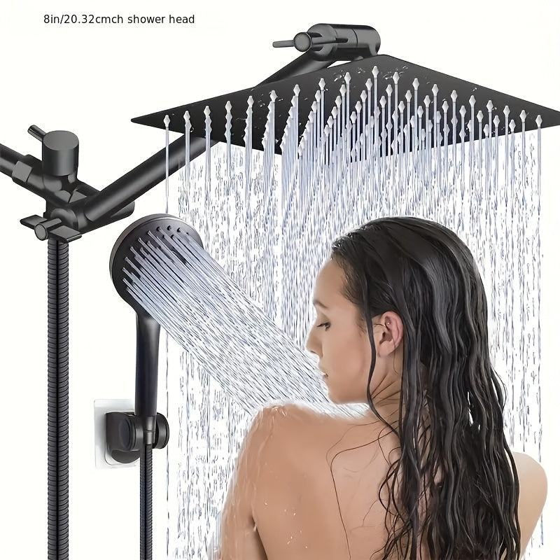 High-Pressure 8" Rainfall Shower Head Combo with Adjustable 11" Arm, 5-Setting Handheld Spray, Stainless Steel, Polished Finish - Includes Long Hose for Easy Installation