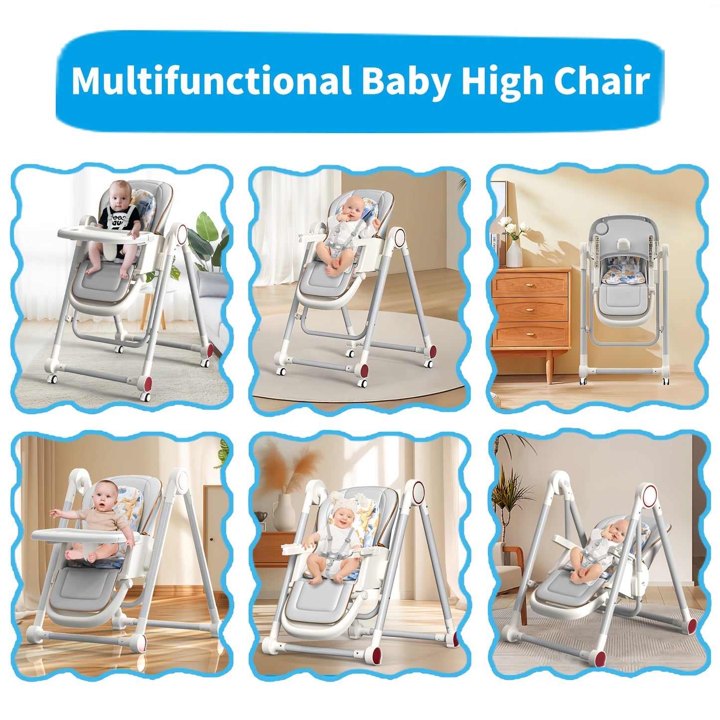 Youngsters High Chair with Wheels - 8 Height Levels, 6-Position Backrest, Foldable Design, 5-Point Harness, Dual Removable Trays - Gray Aluminum Alloy, Youngsters Chair