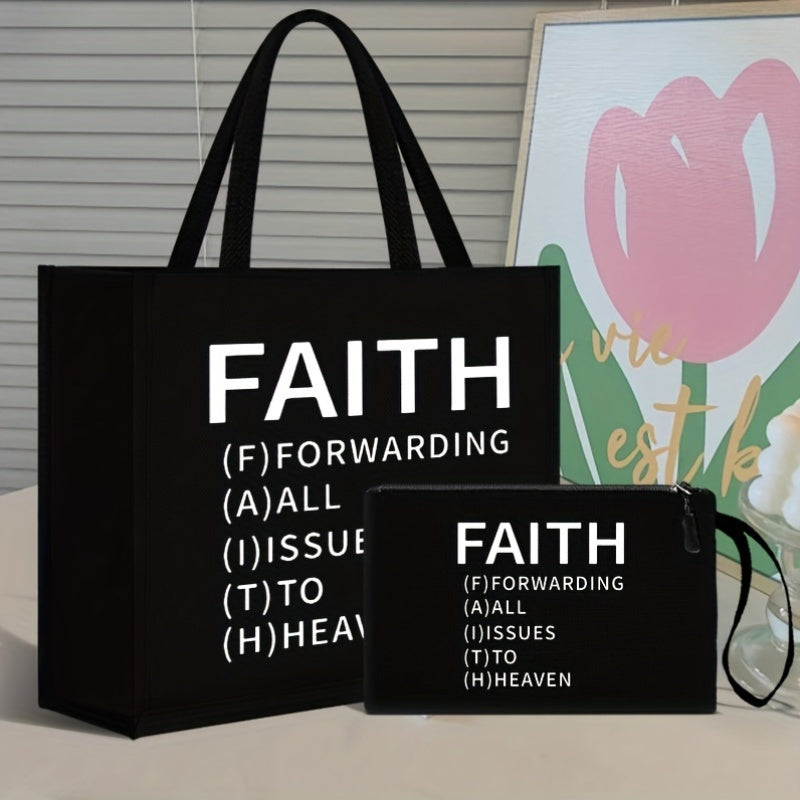 2pcs Faith-Inspired Linen Tote Bag and Pouch Set, Large Capacity Shoulder Bag with Printed Lettering,