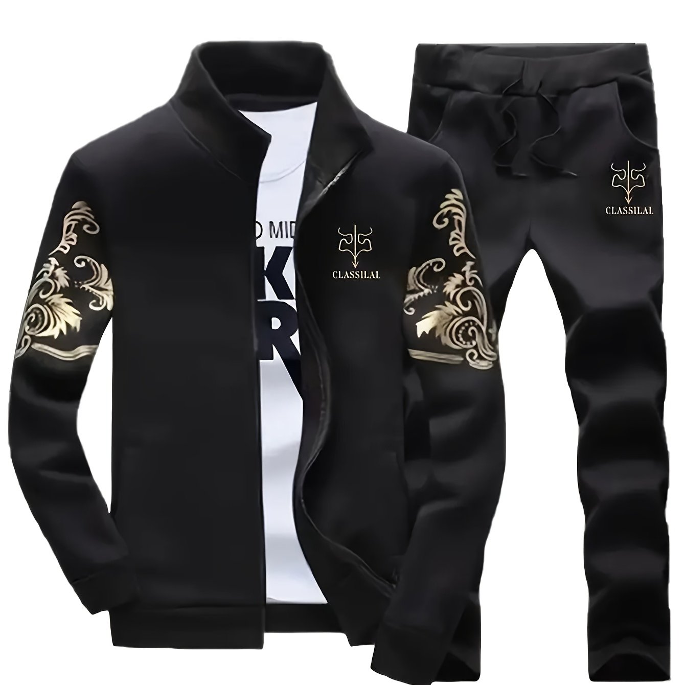 Men's Casual Sportswear Set - Knit Polyester, Machine Washable, Stand Collar Zip-Up Jacket & Drawstring Pants with Pockets