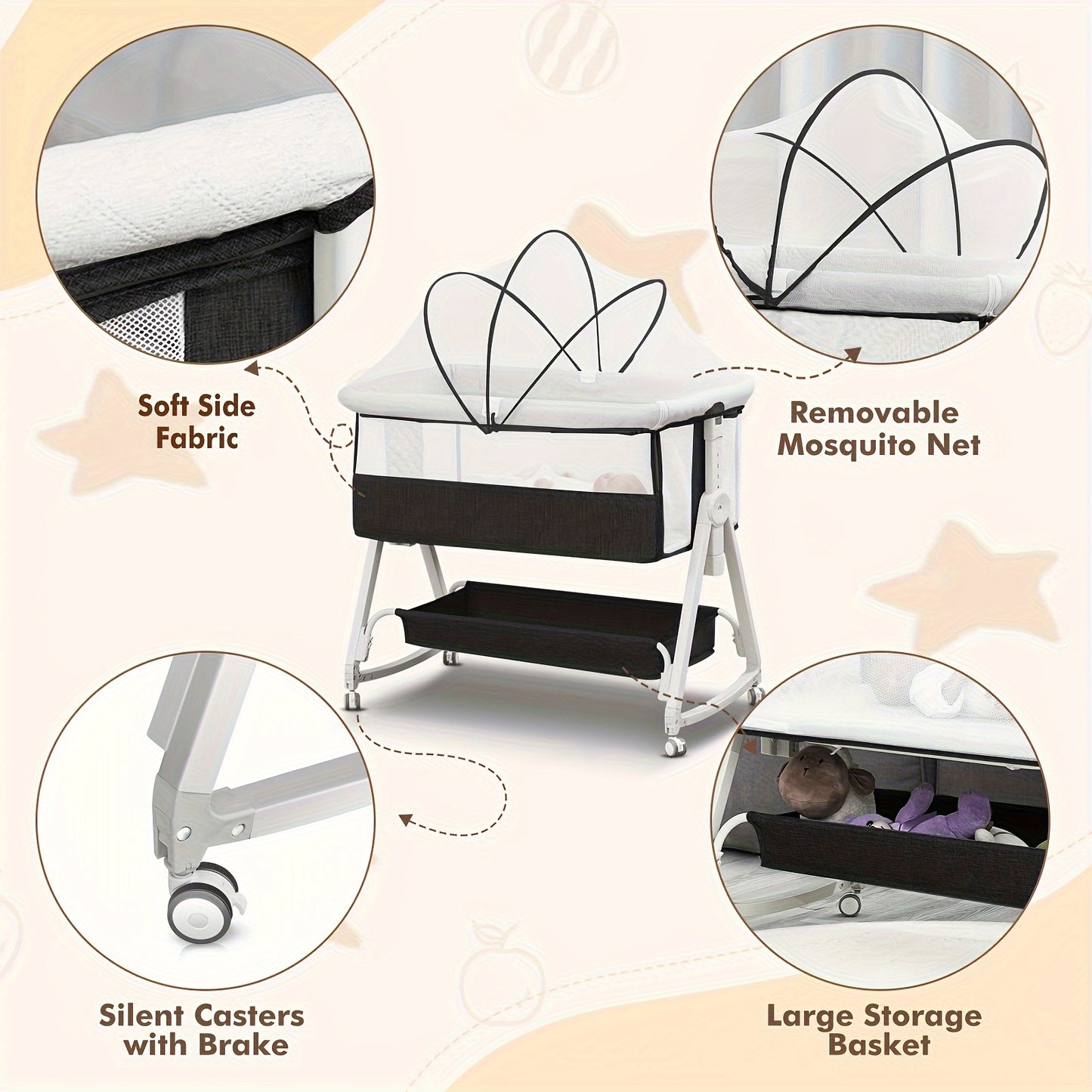 Baby Bassinet, 3-in-1 Baby Bassinet Bedside Bed With Mosquito Net, Full Mesh And Adjustable Height Headboard Crib For Newborns 0-6 Months