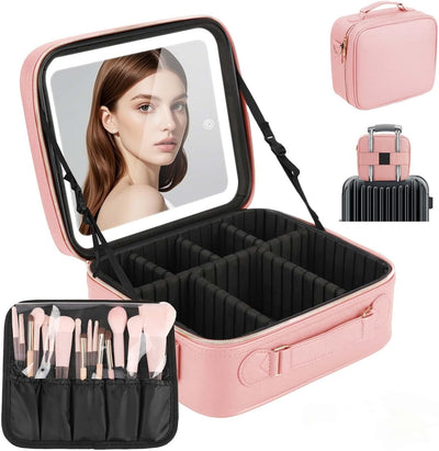 LED Makeup Travel Bag with Adjustable Dividers and Brush Holder, Featuring Three Color Light Options
